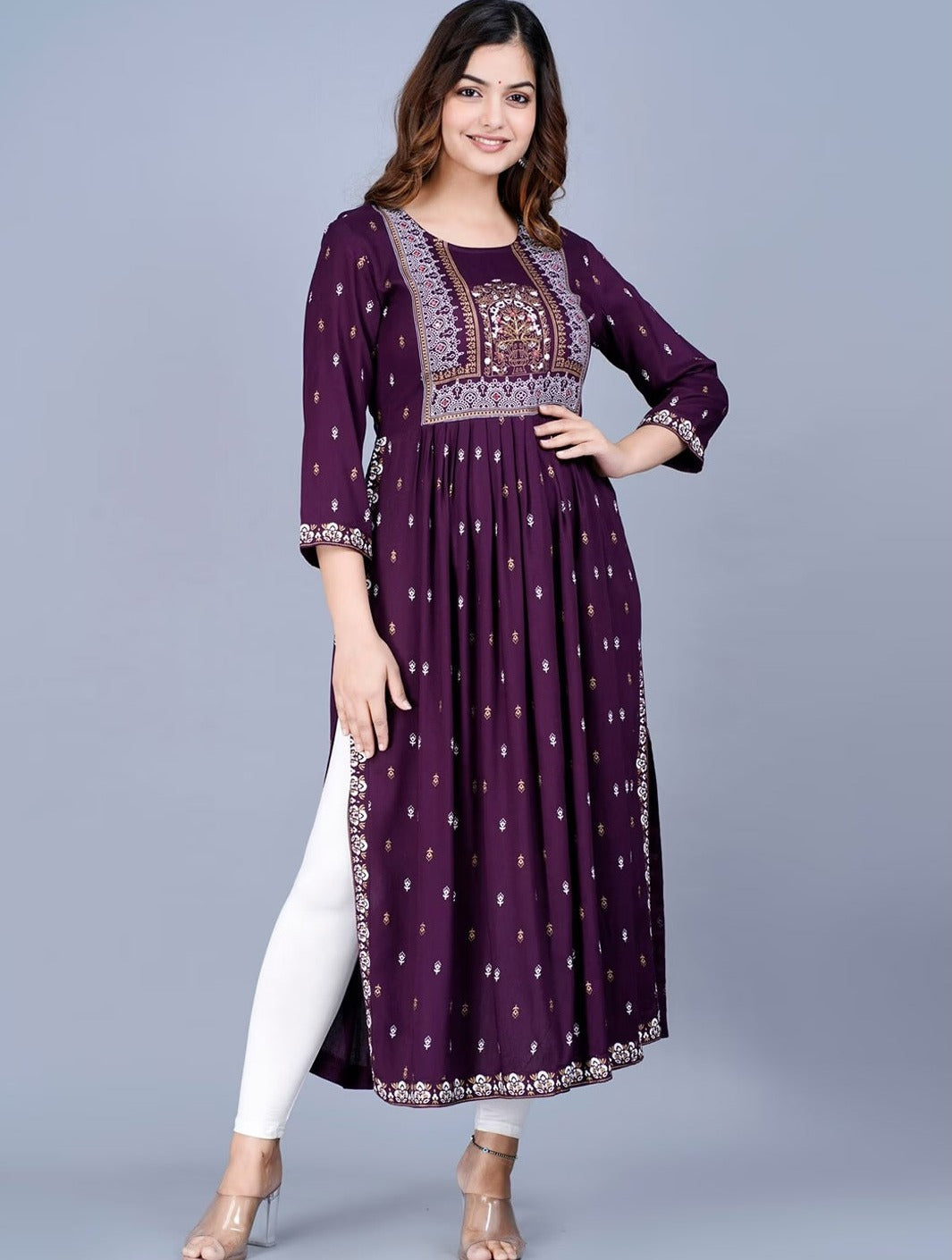 Purple nayra cut printed kurti