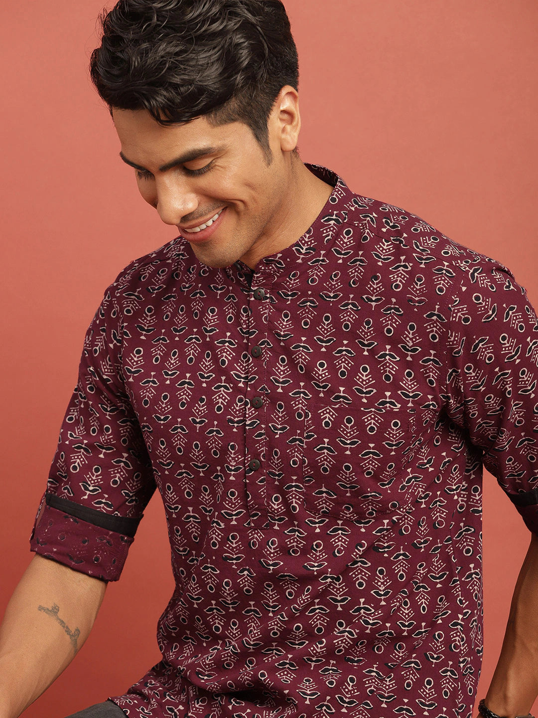 Red small print straight men kurta