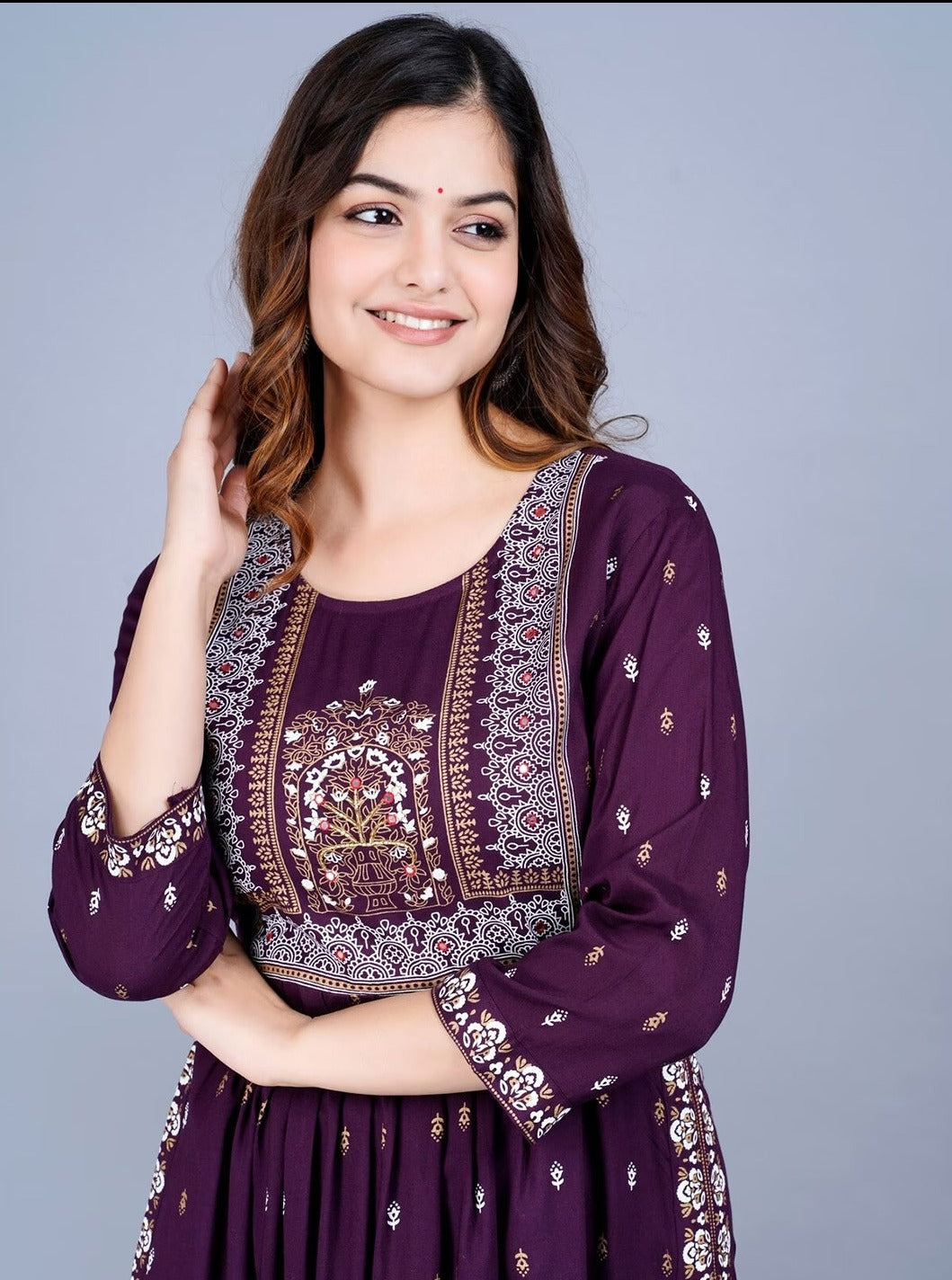 Purple nayra cut printed kurti