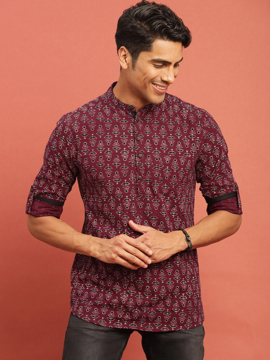 Red small print straight men kurta