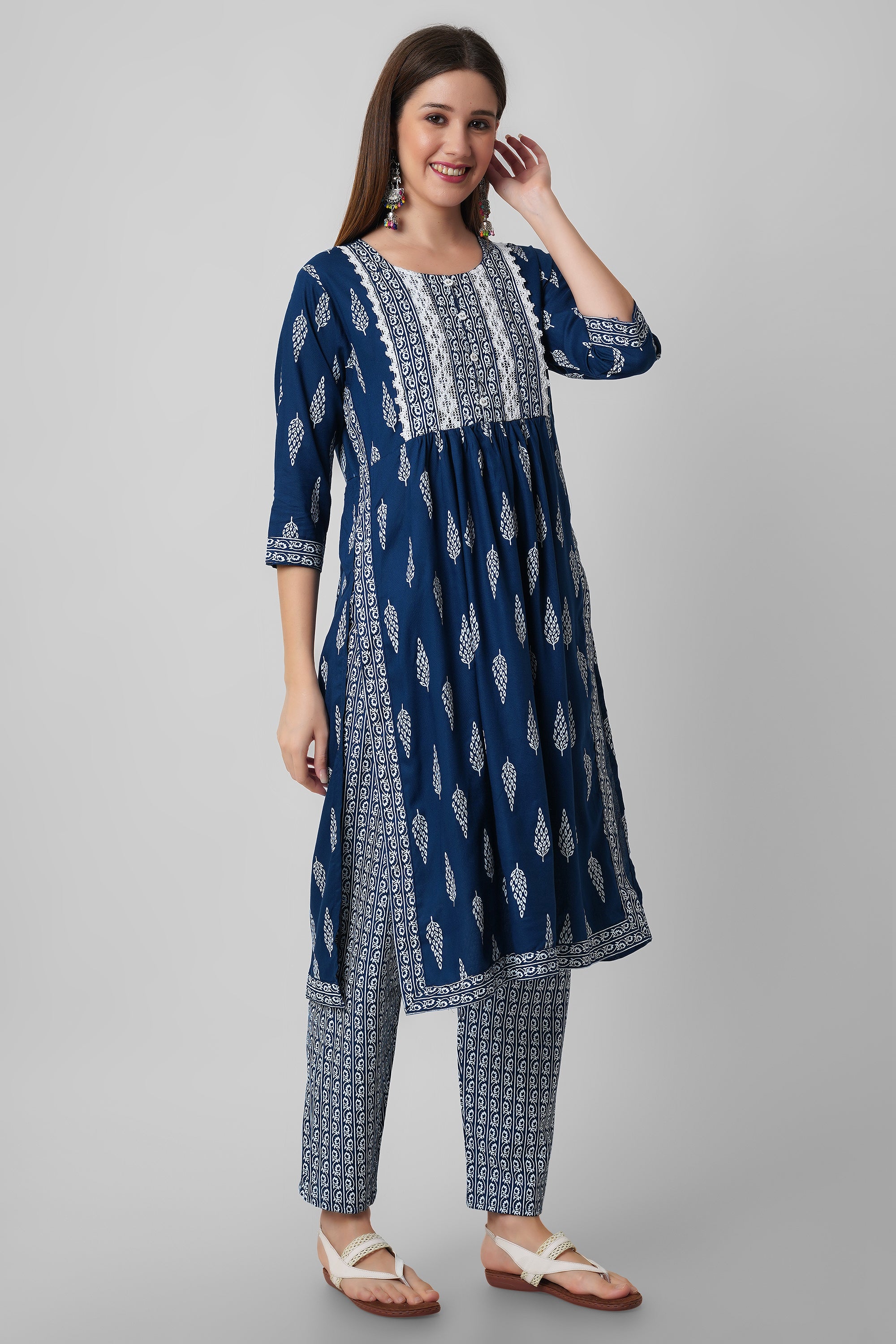Blue block printed nyra cut kurti set