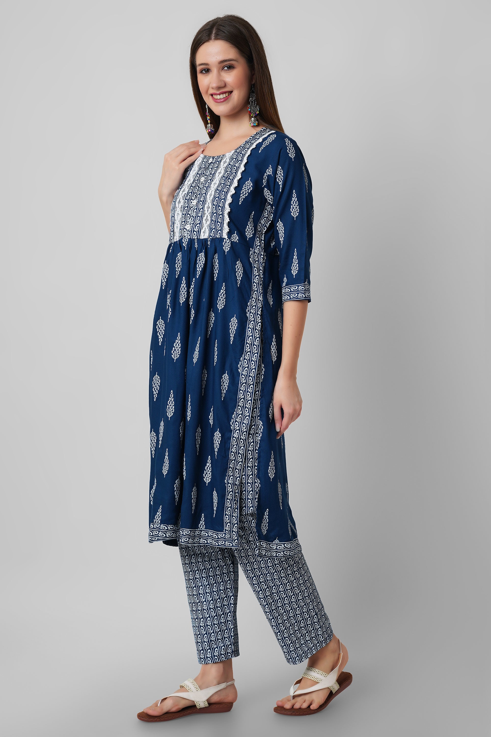 Blue block printed nyra cut kurti set