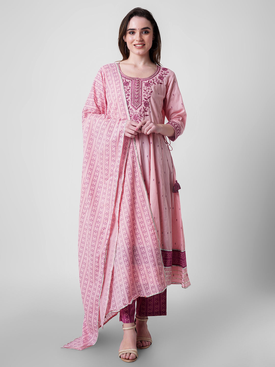Pink embroidered anarkali kurti set