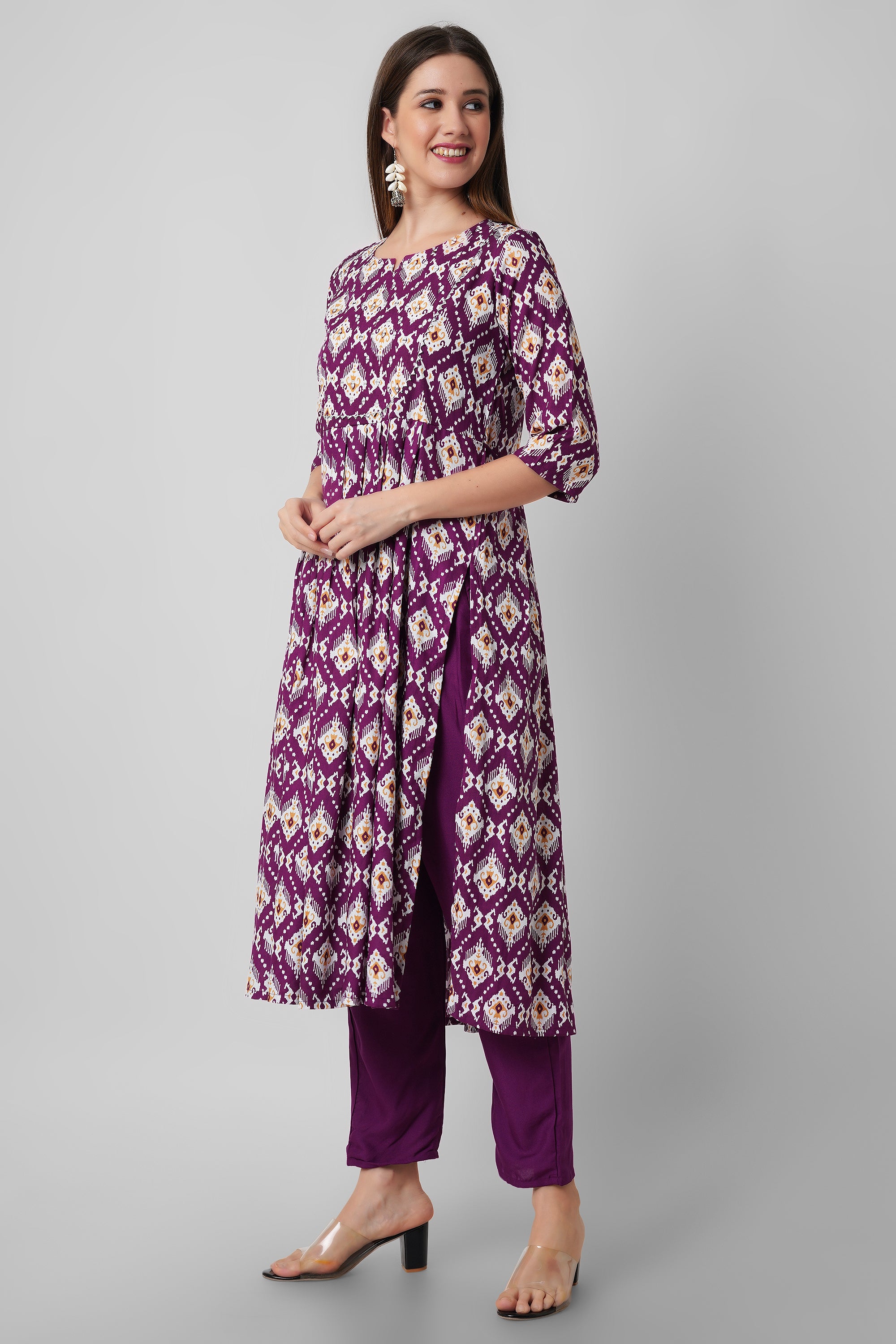 Purple printed nayra cut kurti