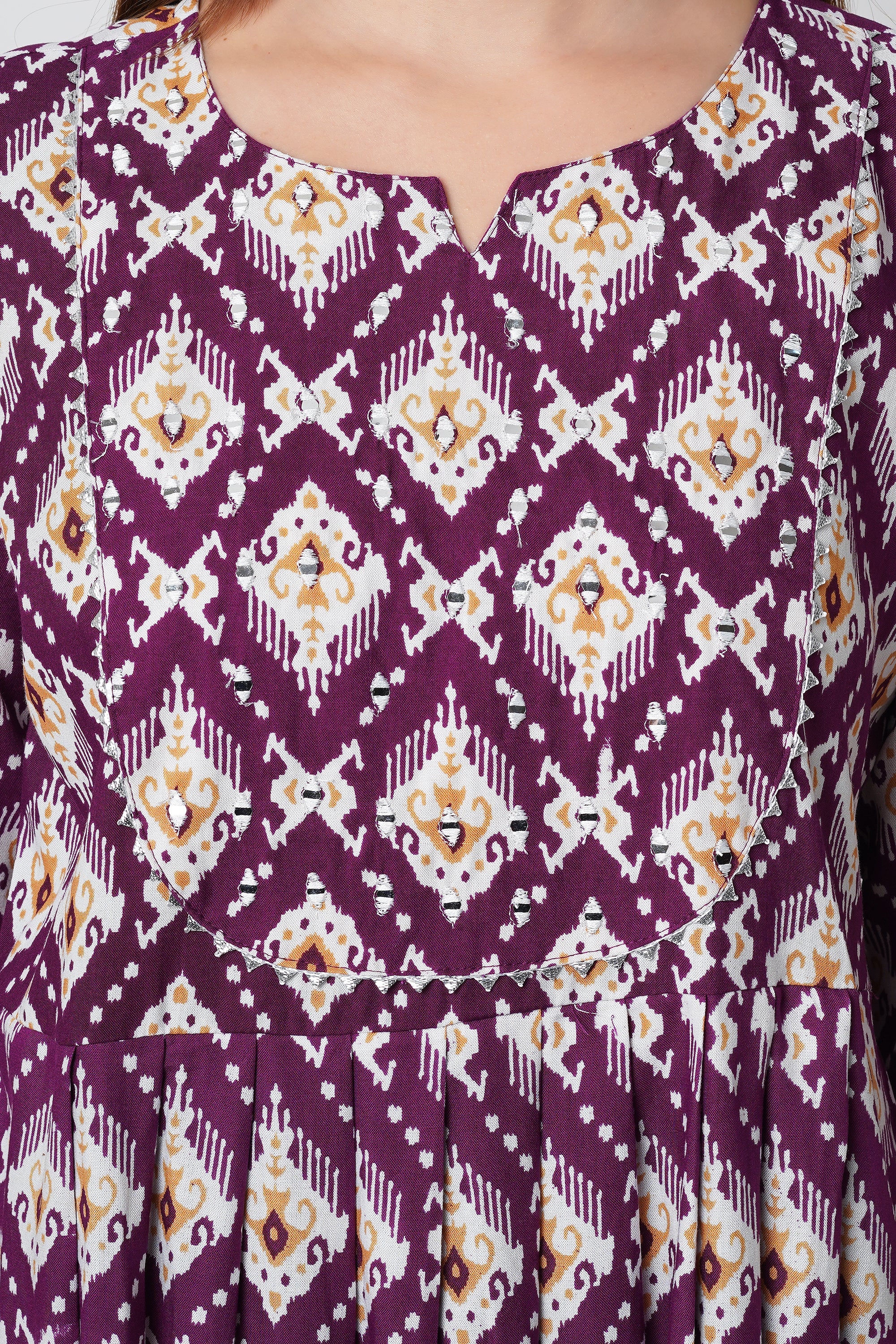 Purple printed nayra cut kurti