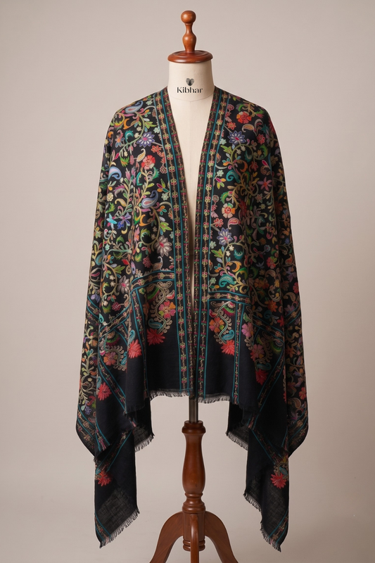 Kalamkari Embroidered Pashmina Shawl- Black