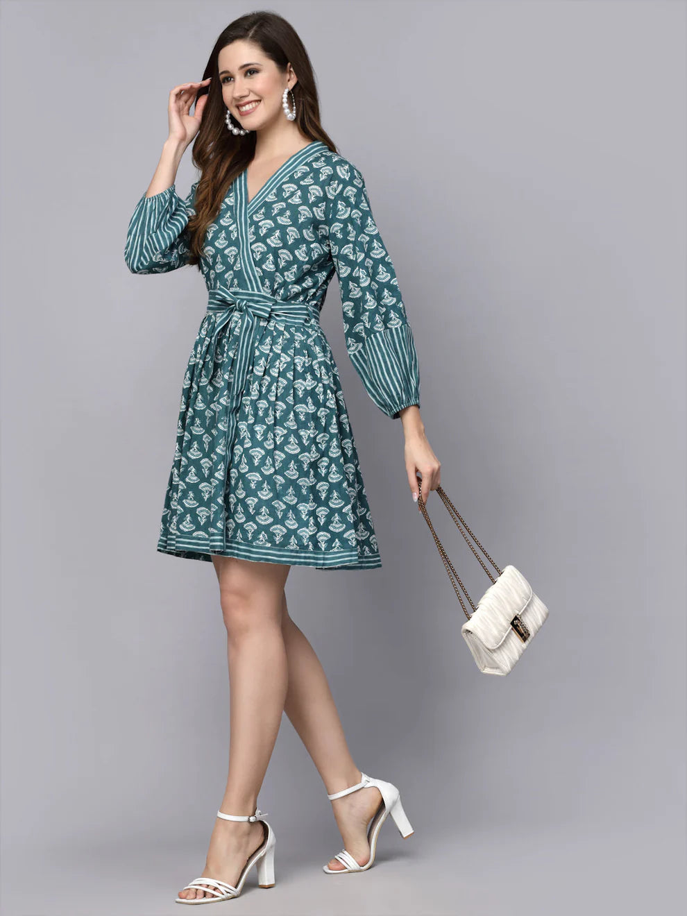 Printed, front tied bluish-green dress