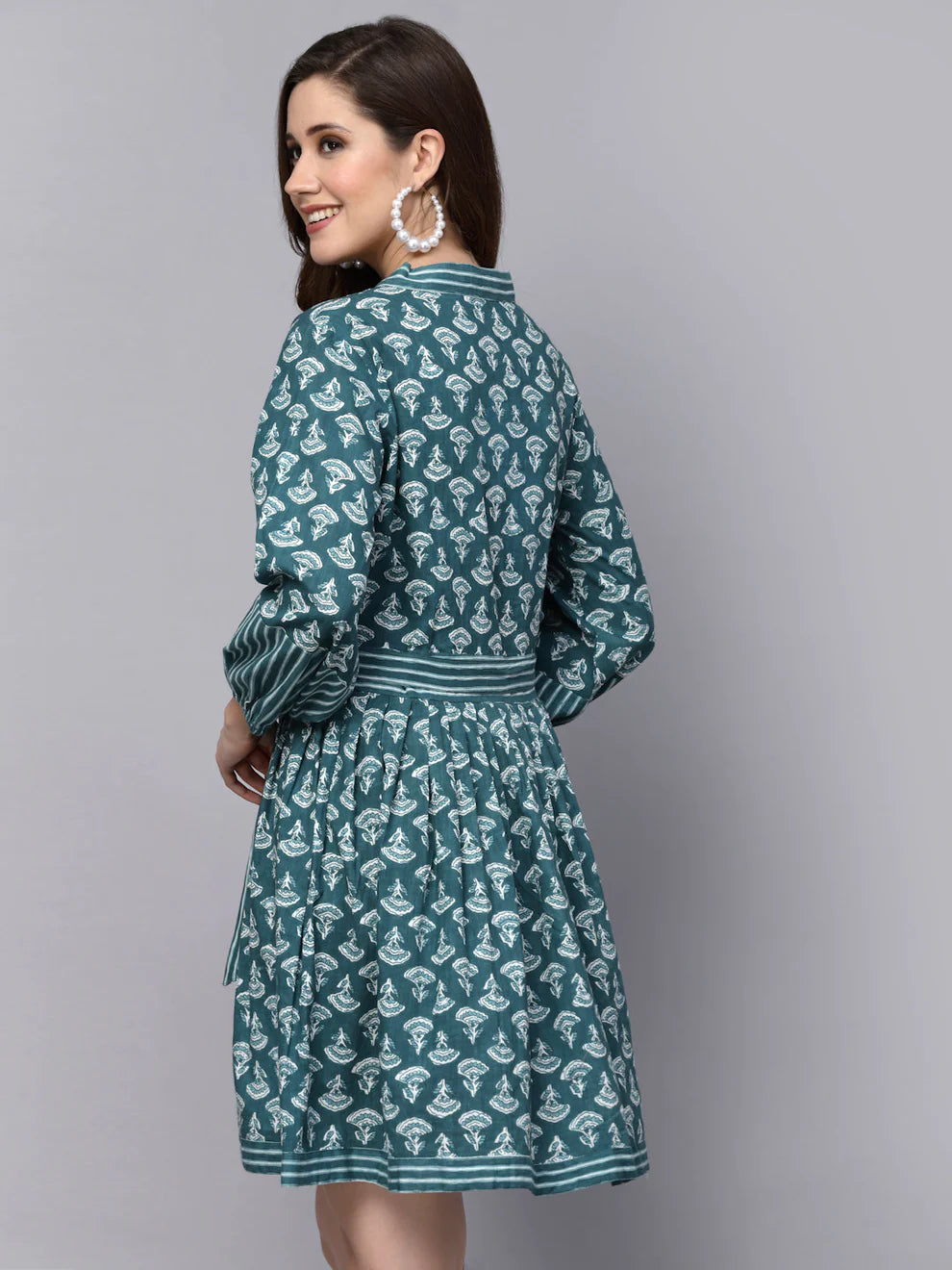 Printed, front tied bluish-green dress