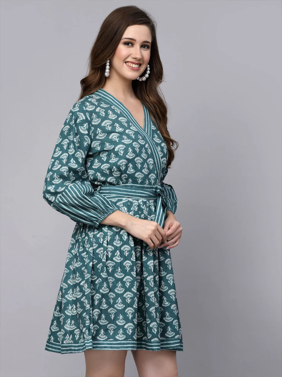 Printed, front tied bluish-green dress