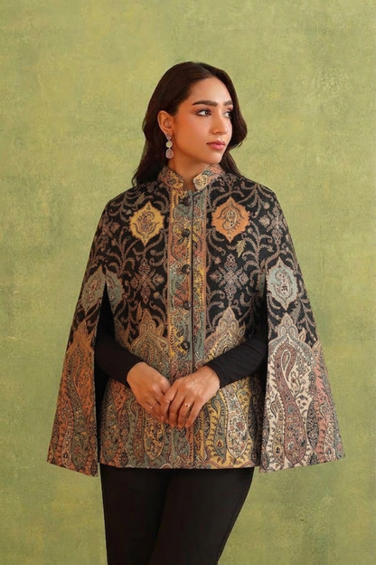 Regal Motif Woven Polywool Cape – Black