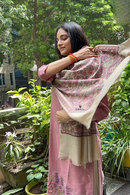 Elegant Floral Embroidered Pashmina Stole-Taupe