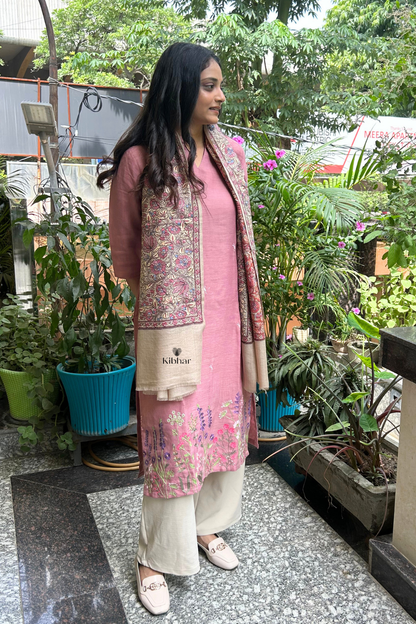 Elegant Floral Embroidered Pashmina Stole-Taupe