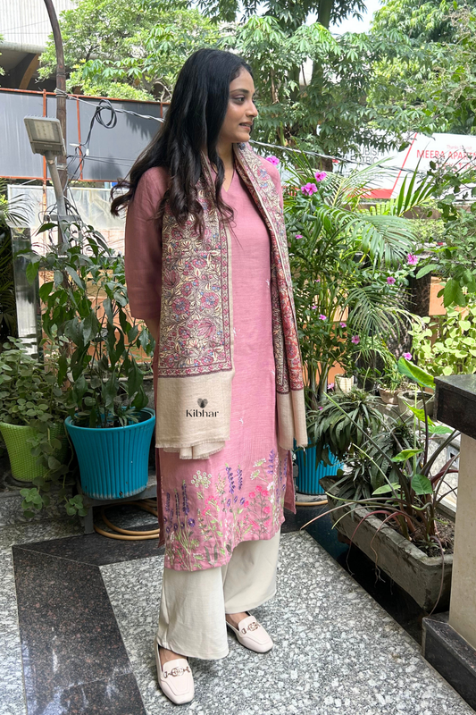 Elegant Floral Embroidered Pashmina Stole-Taupe