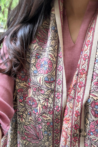 Elegant Floral Embroidered Pashmina Stole-Taupe