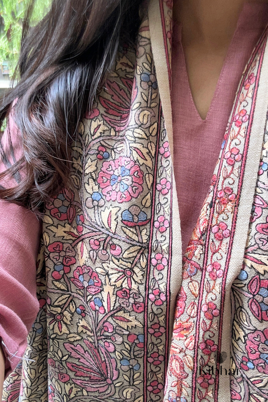 Elegant Floral Embroidered Pashmina Stole-Taupe