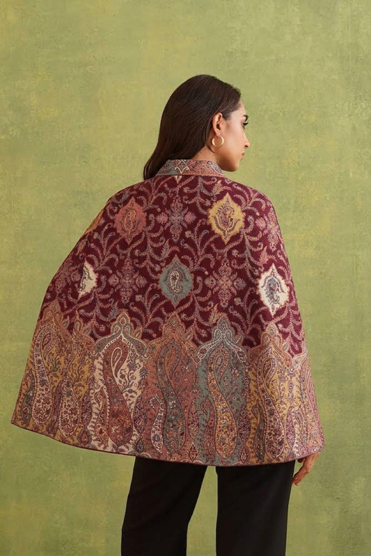 Regal Motif Woven Polywool Cape – Burgundy