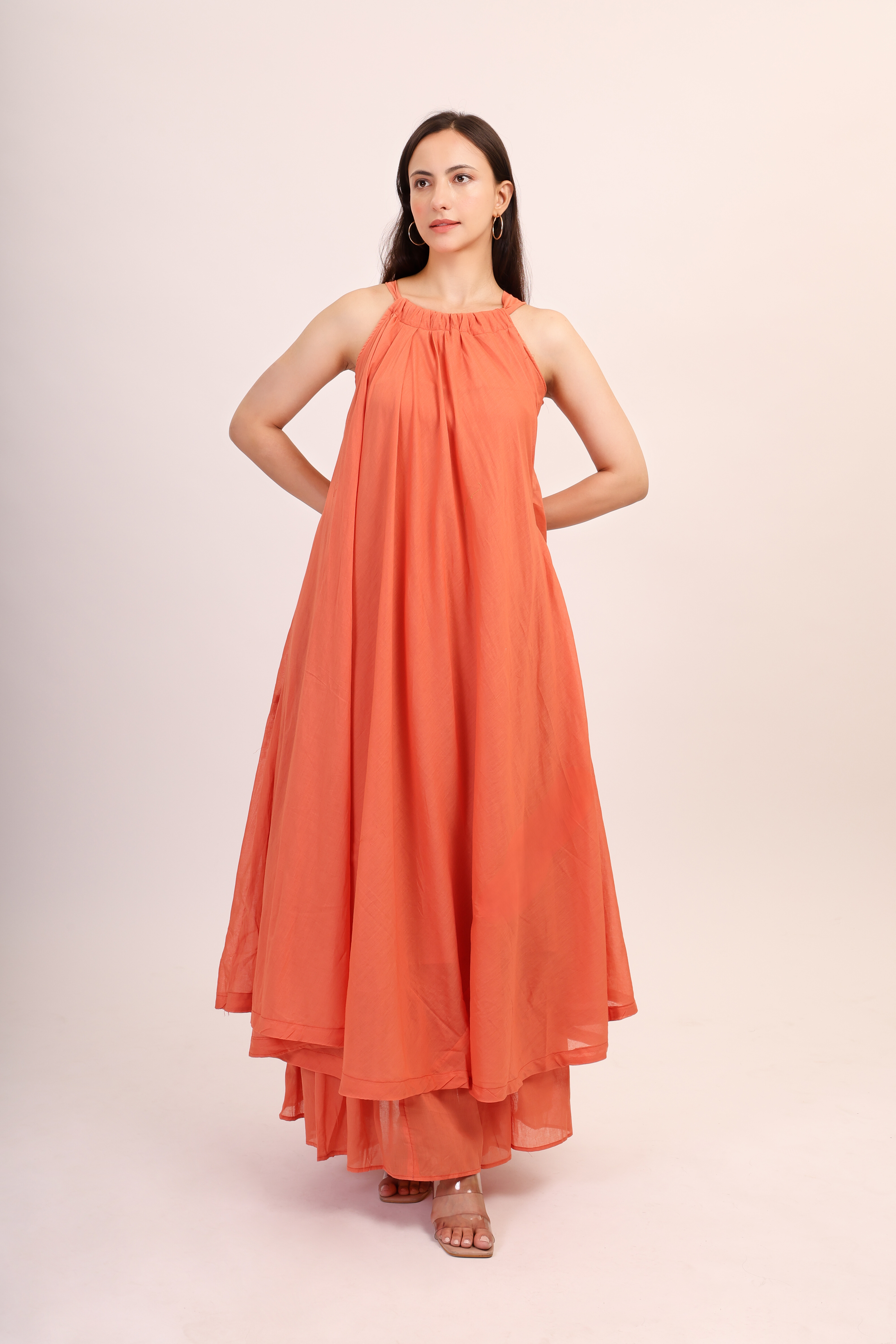 Mul Cotton Halter Neck Anarkali - orange