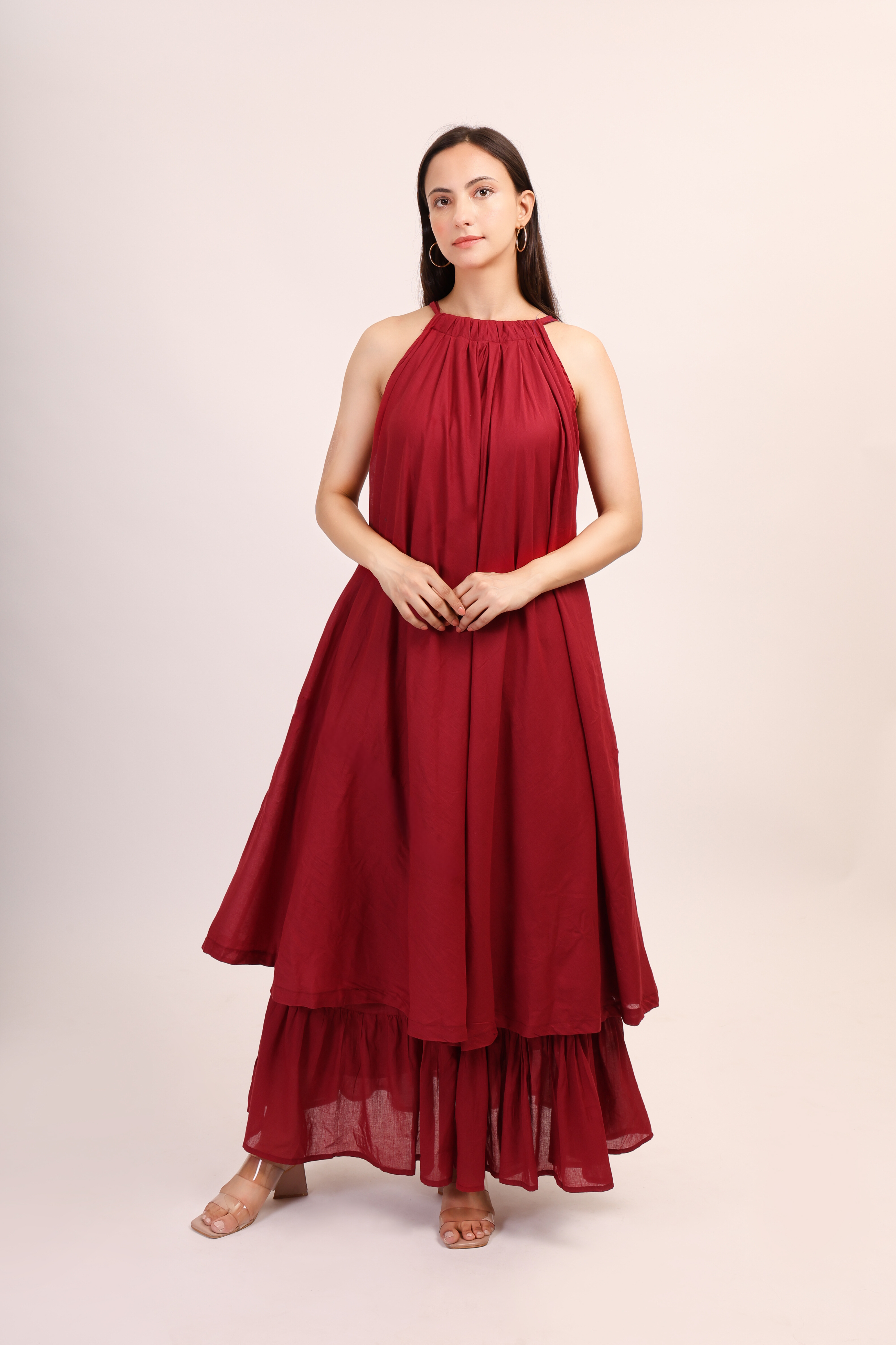 Mul Cotton Halter Neck Anarkali - maroon