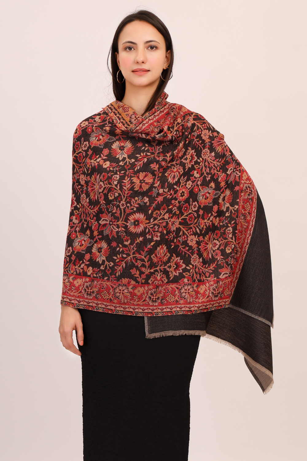 Floral Weave Pashmina fine wool stole-black