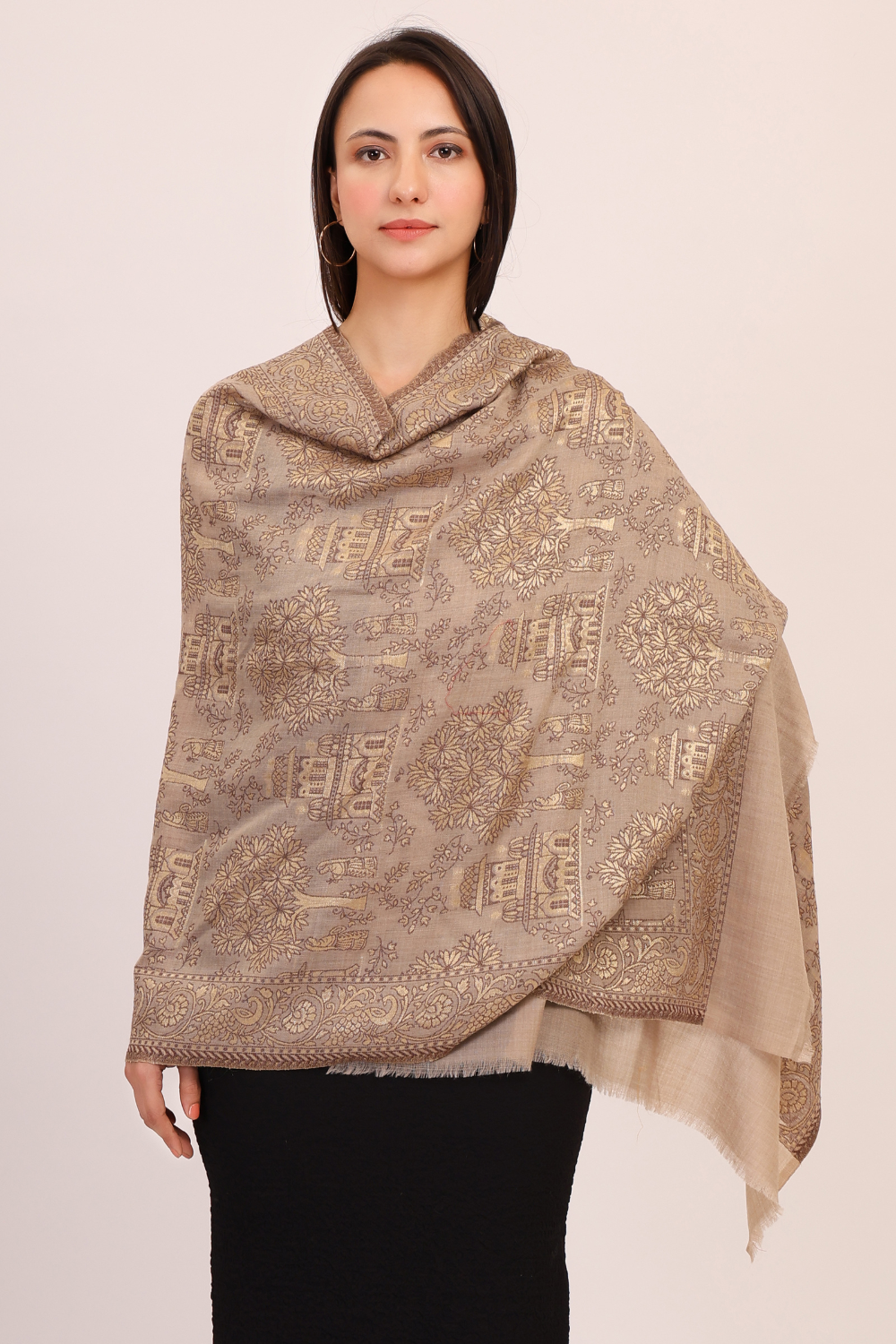 Cottage Canopy Pashmina Fine wool Stole - Beige