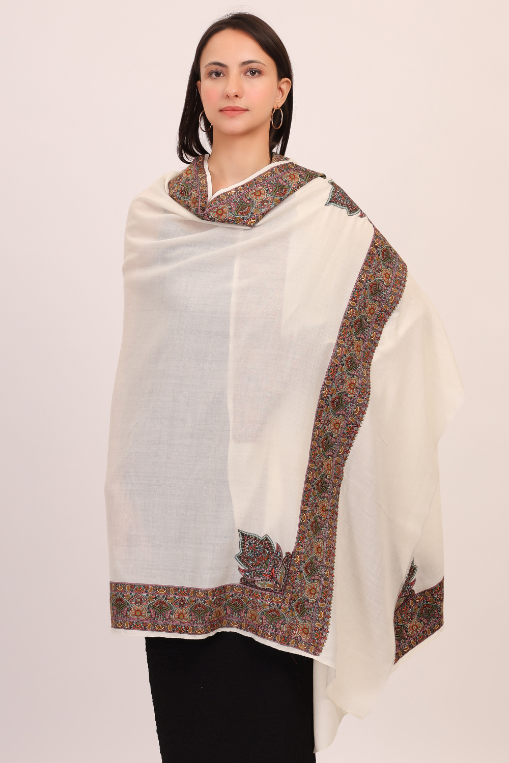 Rich embroidered Pashmina shawl-white