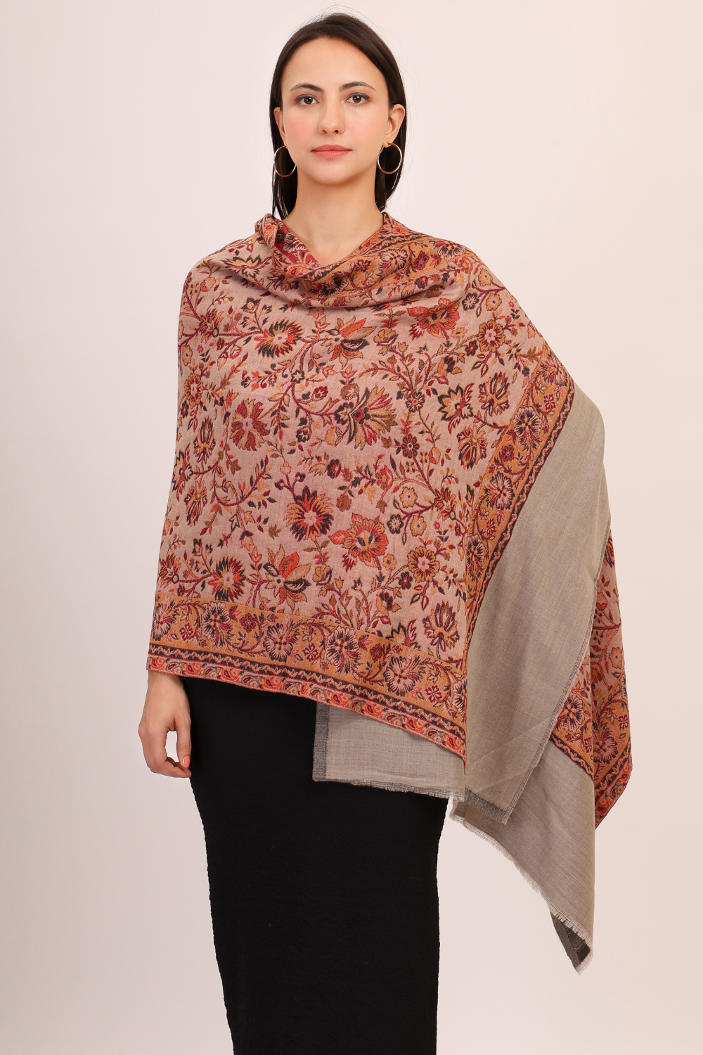 Floral Weave Pashmina Fine Wool Stole-Grey