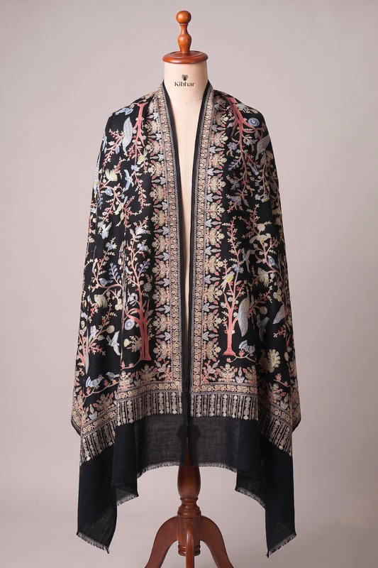 Nalki Forest Embroidered Semi Pashmina Stole – Black