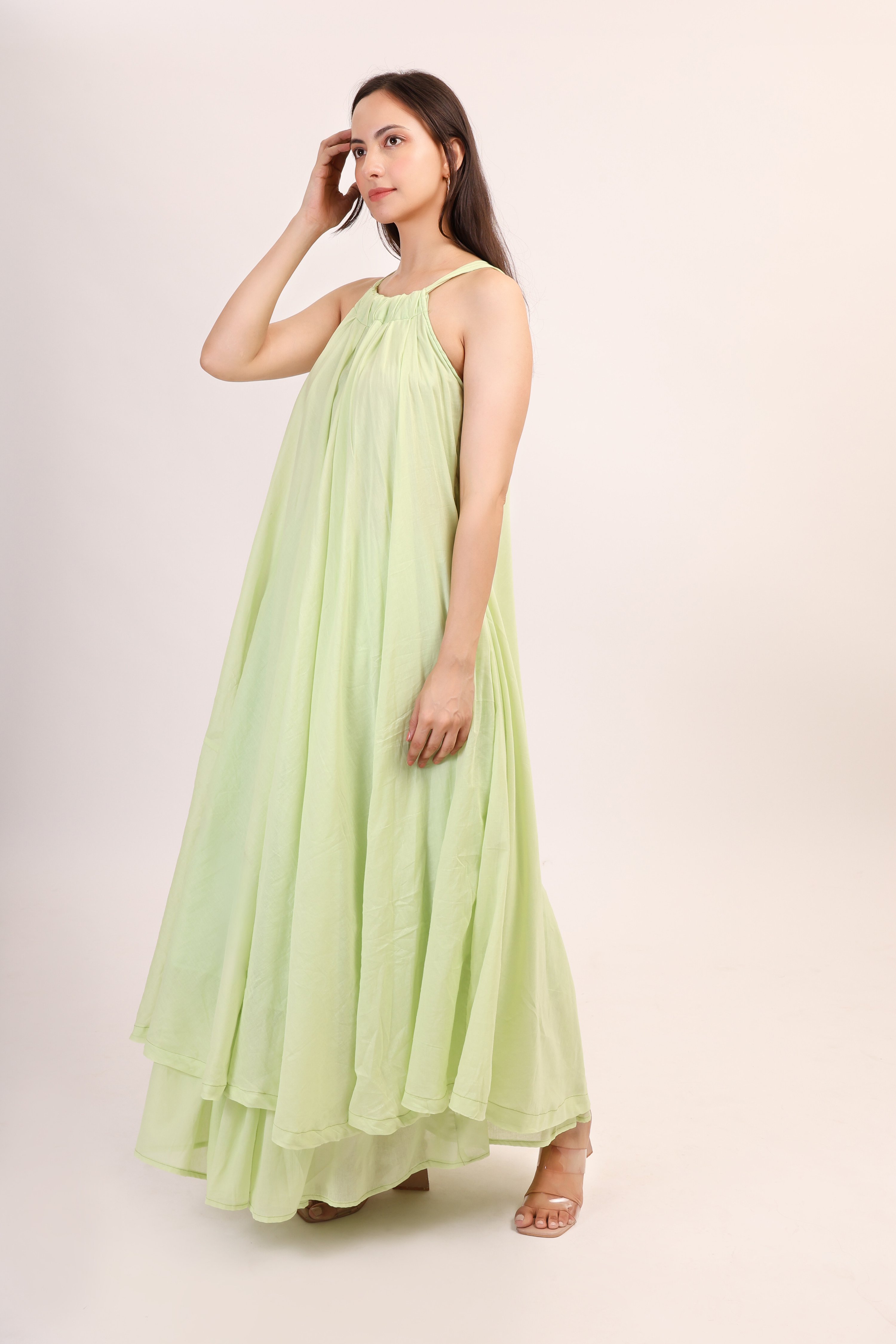 Mul Cotton Halter Neck Anarkali - pista green