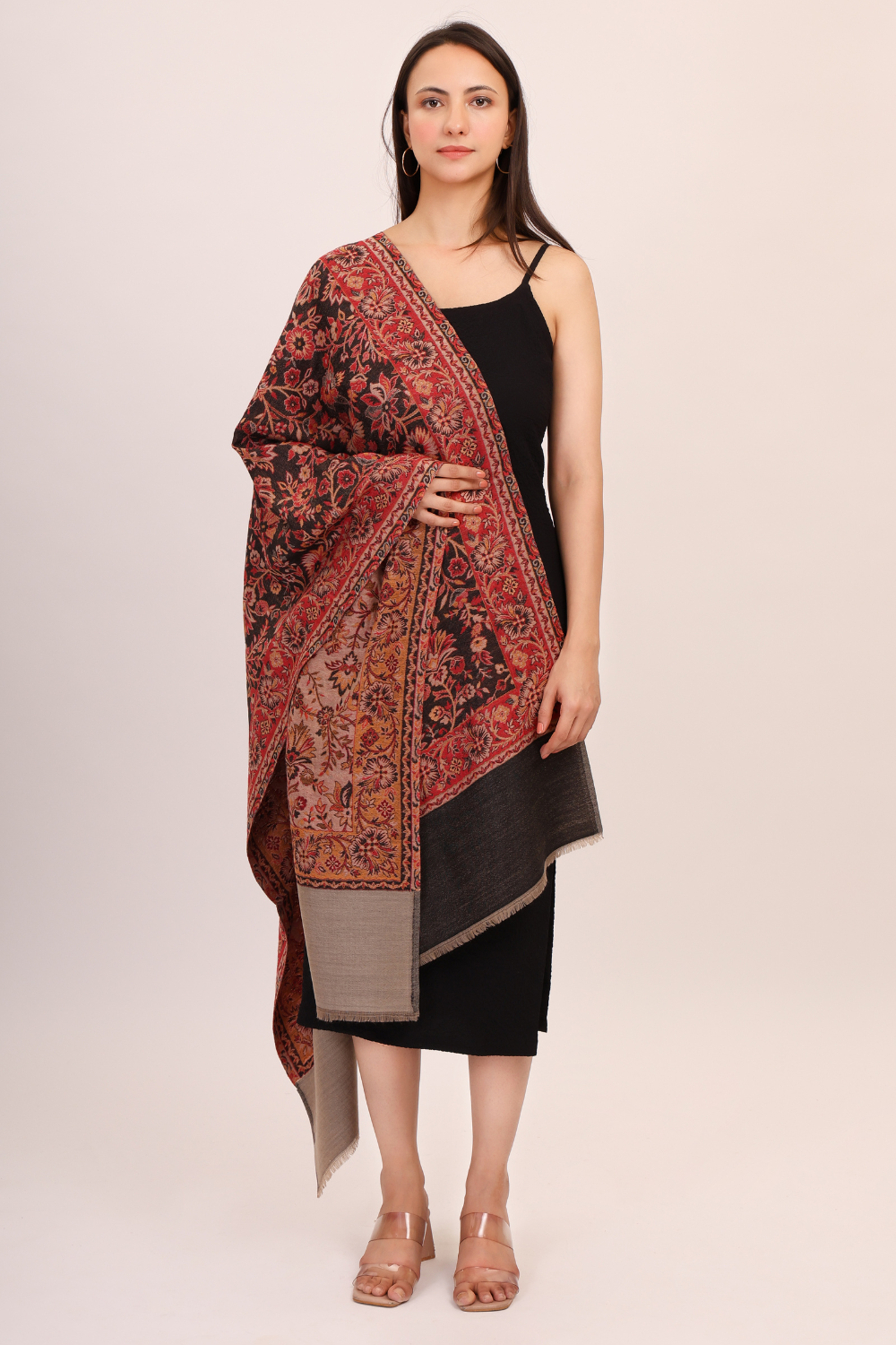 Floral Weave Pashmina fine wool stole-black