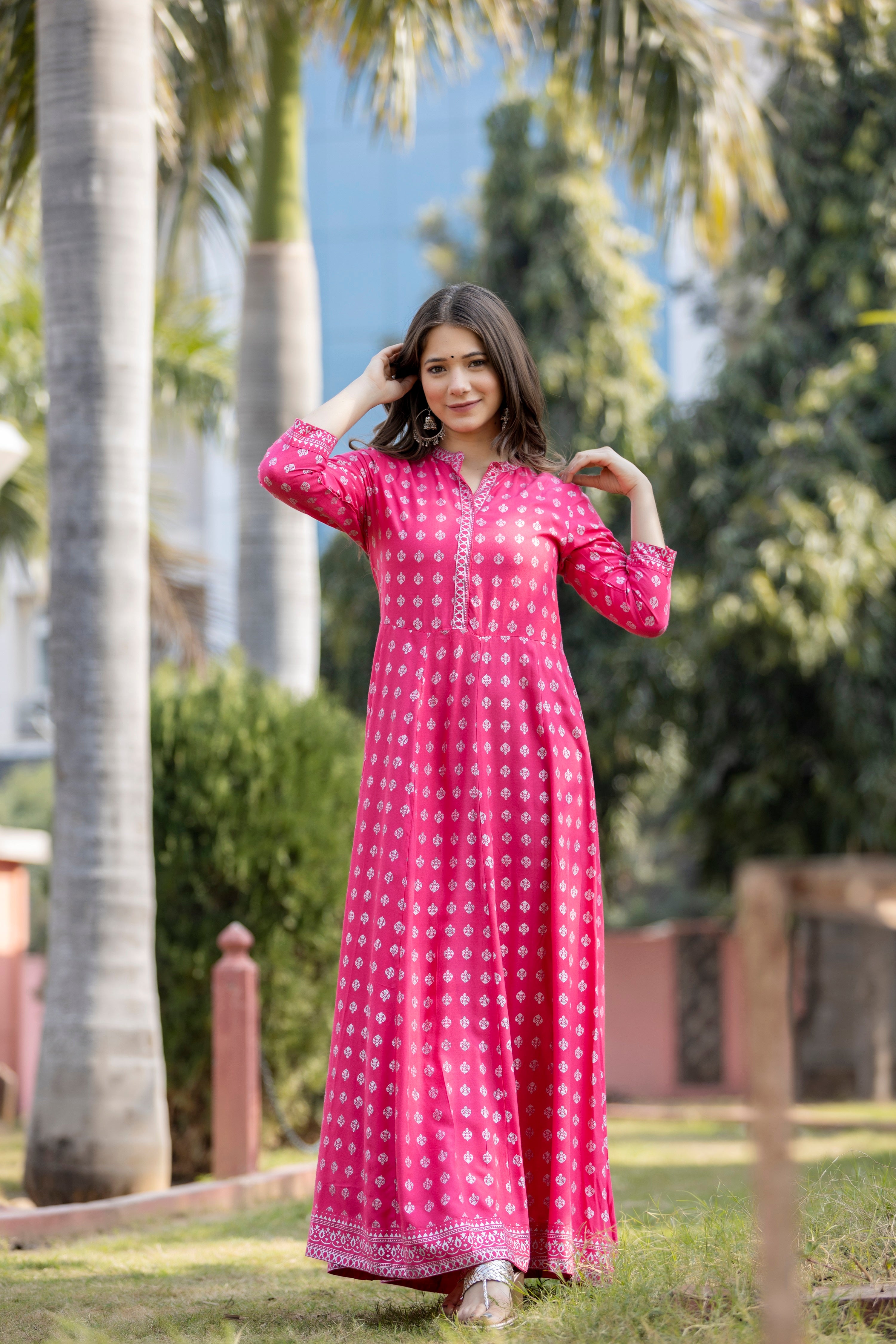 Pink printed anarkali kurti