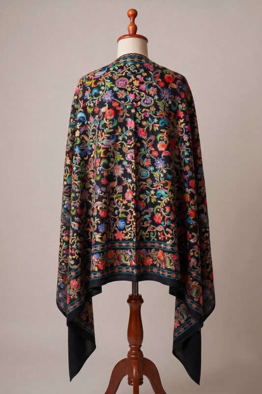 Kalamkari Embroidered Pashmina Shawl- Black