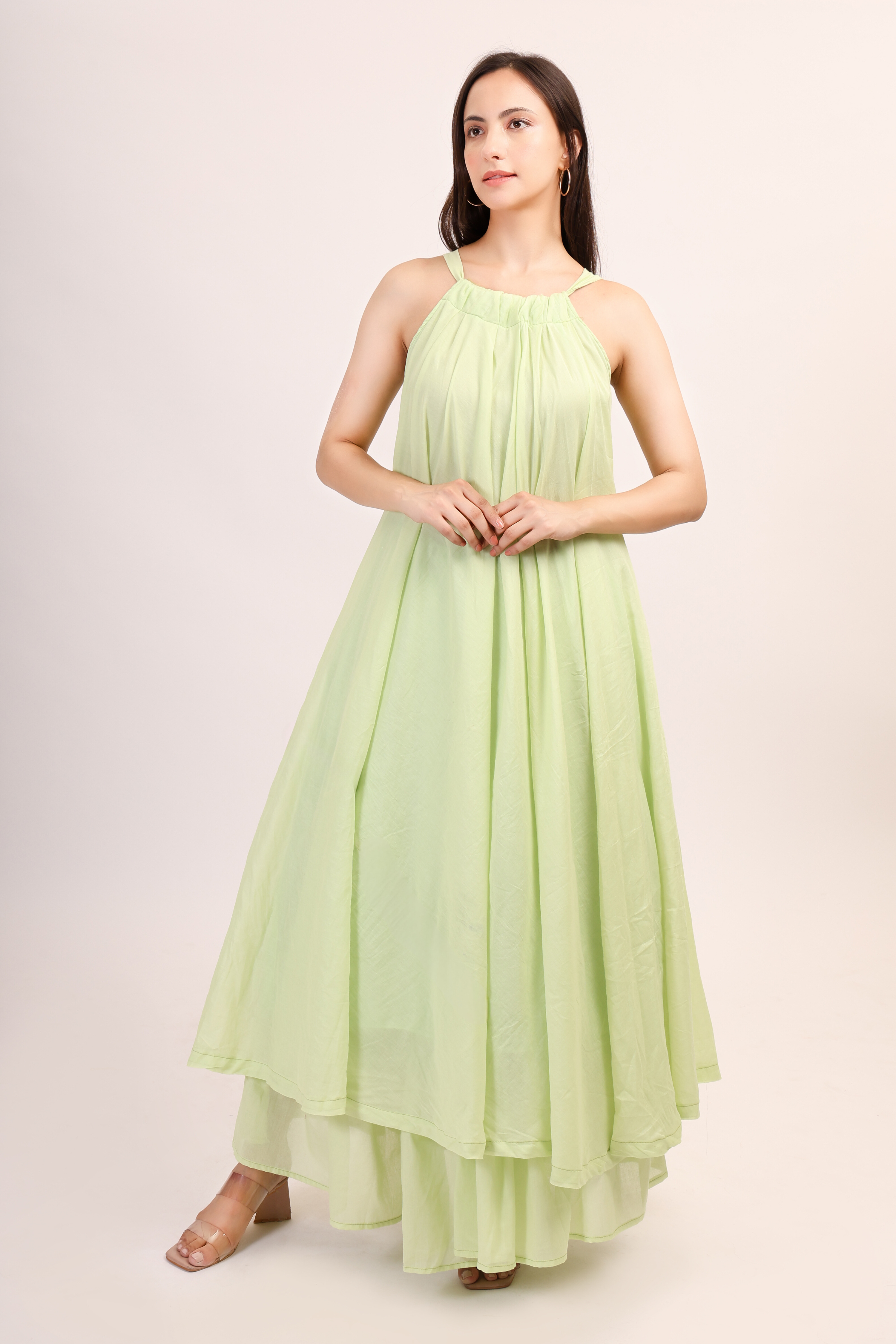 Mul Cotton Halter Neck Anarkali - pista green