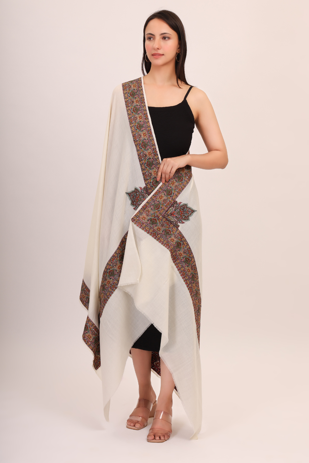 Rich embroidered Pashmina shawl-white