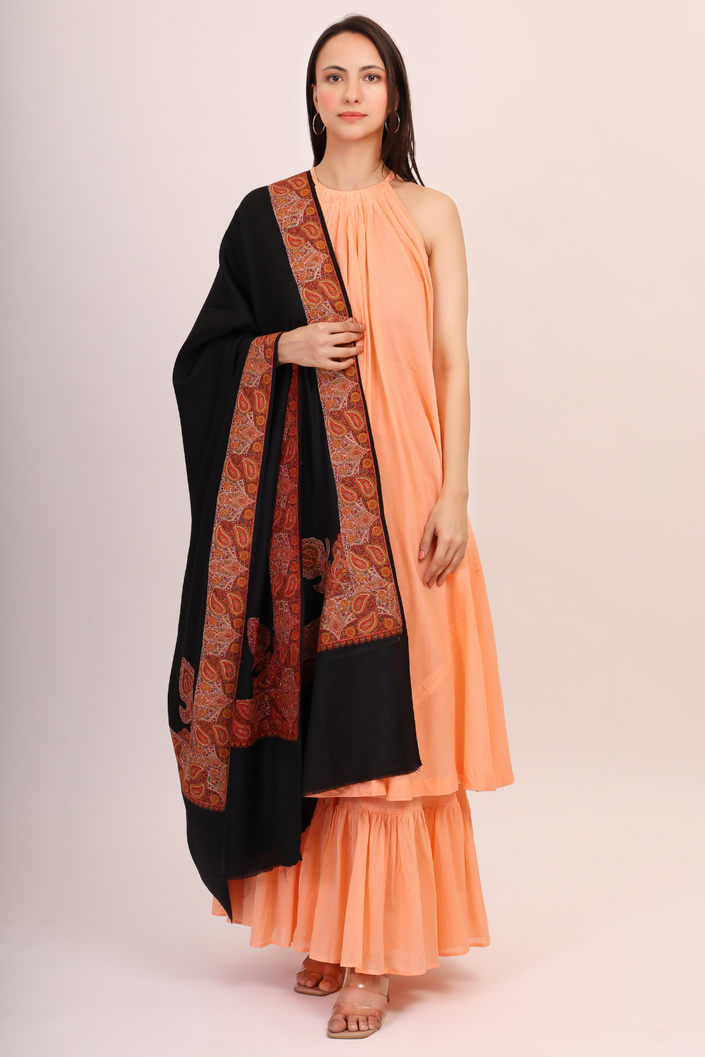 Rich embroidered  Pashmina shawl-black (Unisex)