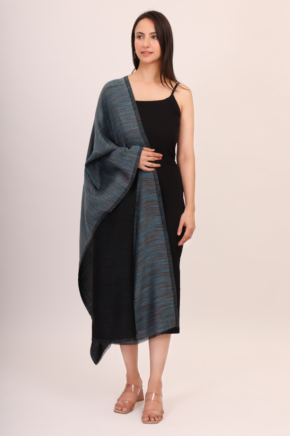 self texture pashmina wool  stole-Navy blue