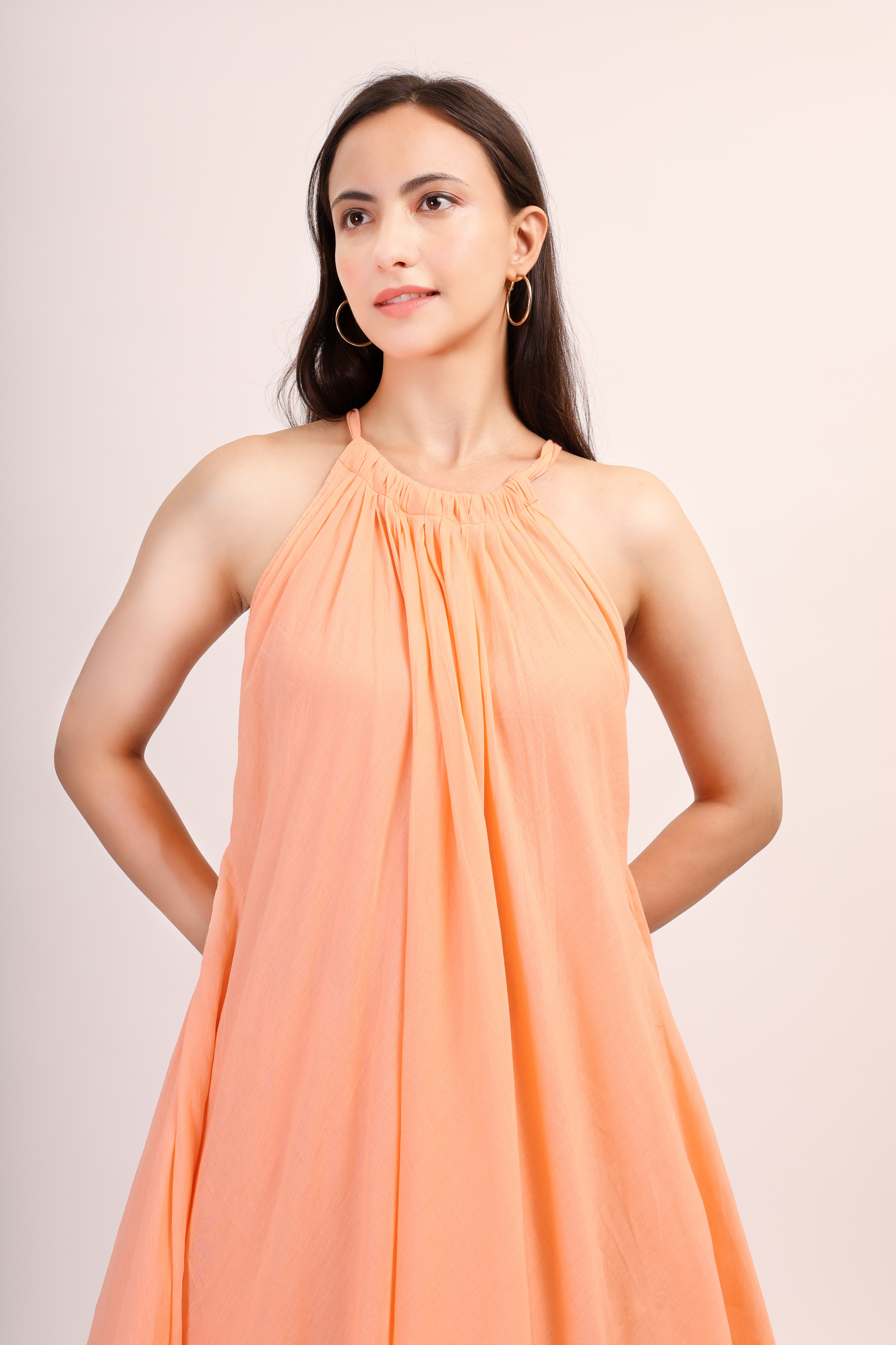 Mul Cotton Halter Neck Anarkali - peach