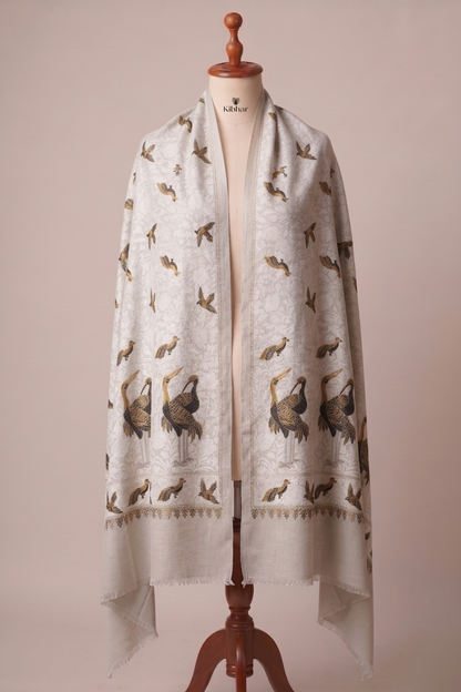 Nalki Embroidered Crane Pashmina Stole – White