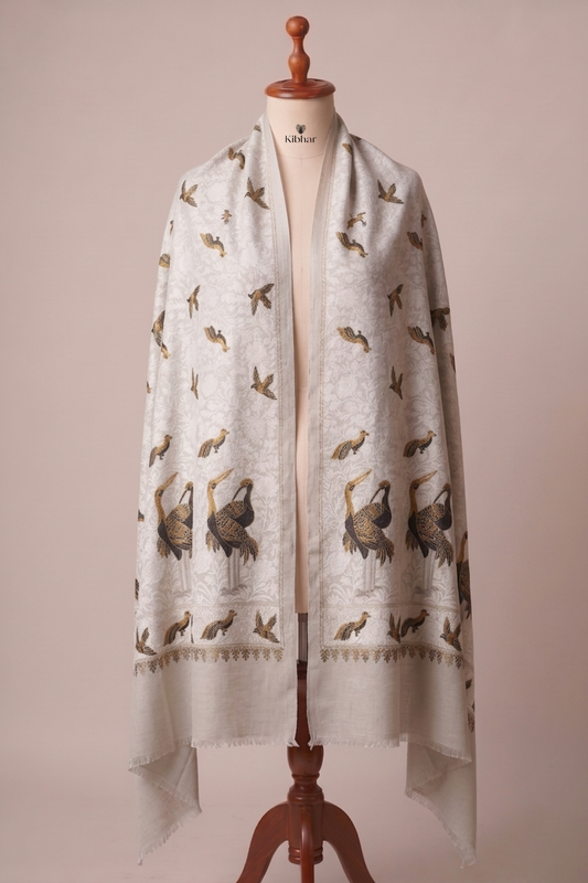 Nalki Embroidered Crane Pashmina Stole – White
