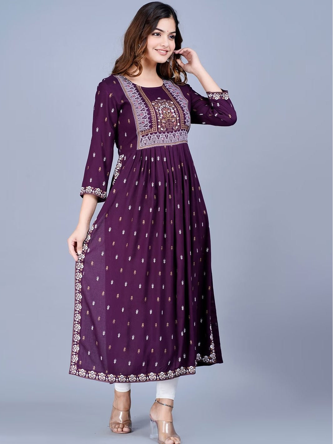 Purple nayra cut printed kurti