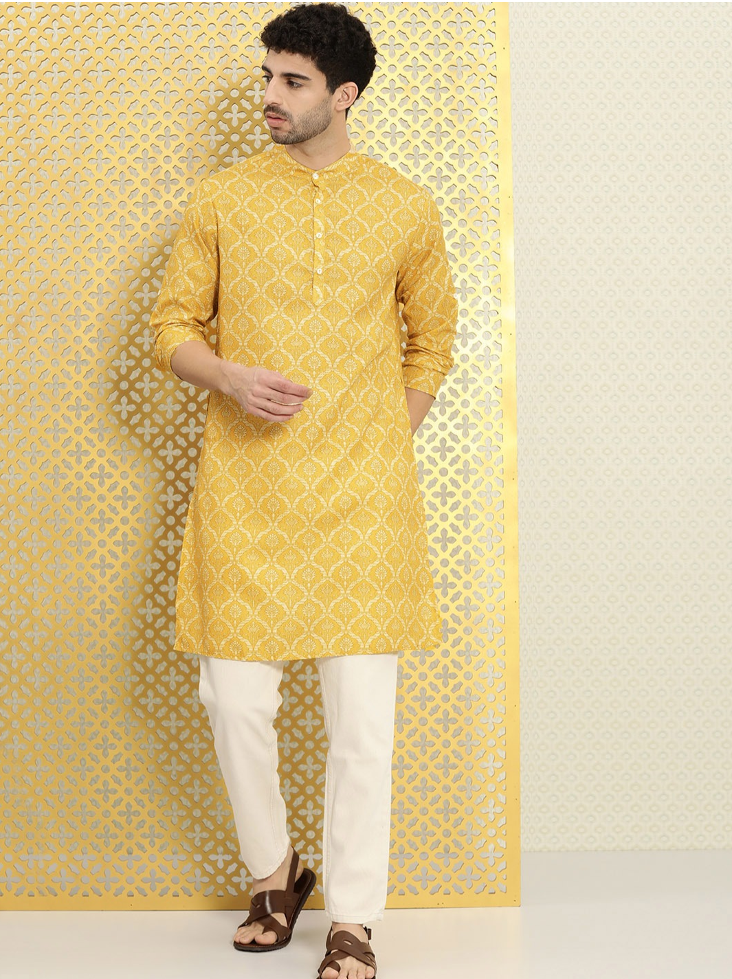 Yellow printed straight men kurta