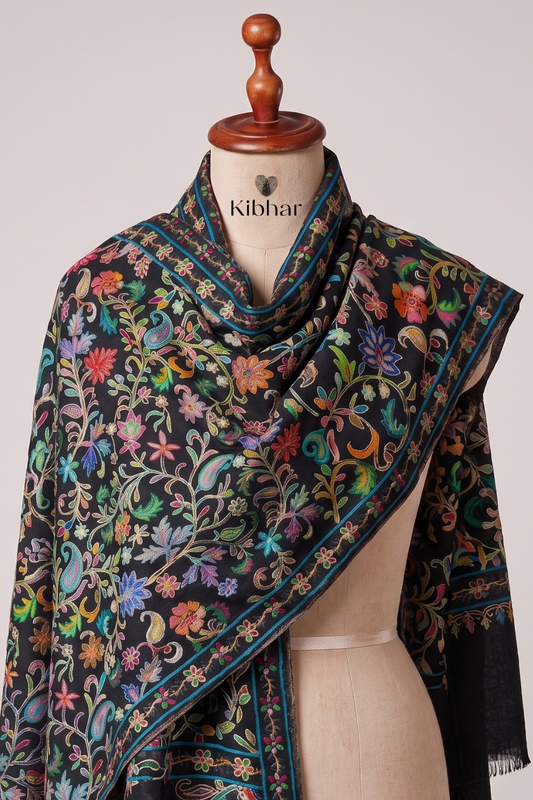 Kalamkari Embroidered Pashmina Shawl- Black