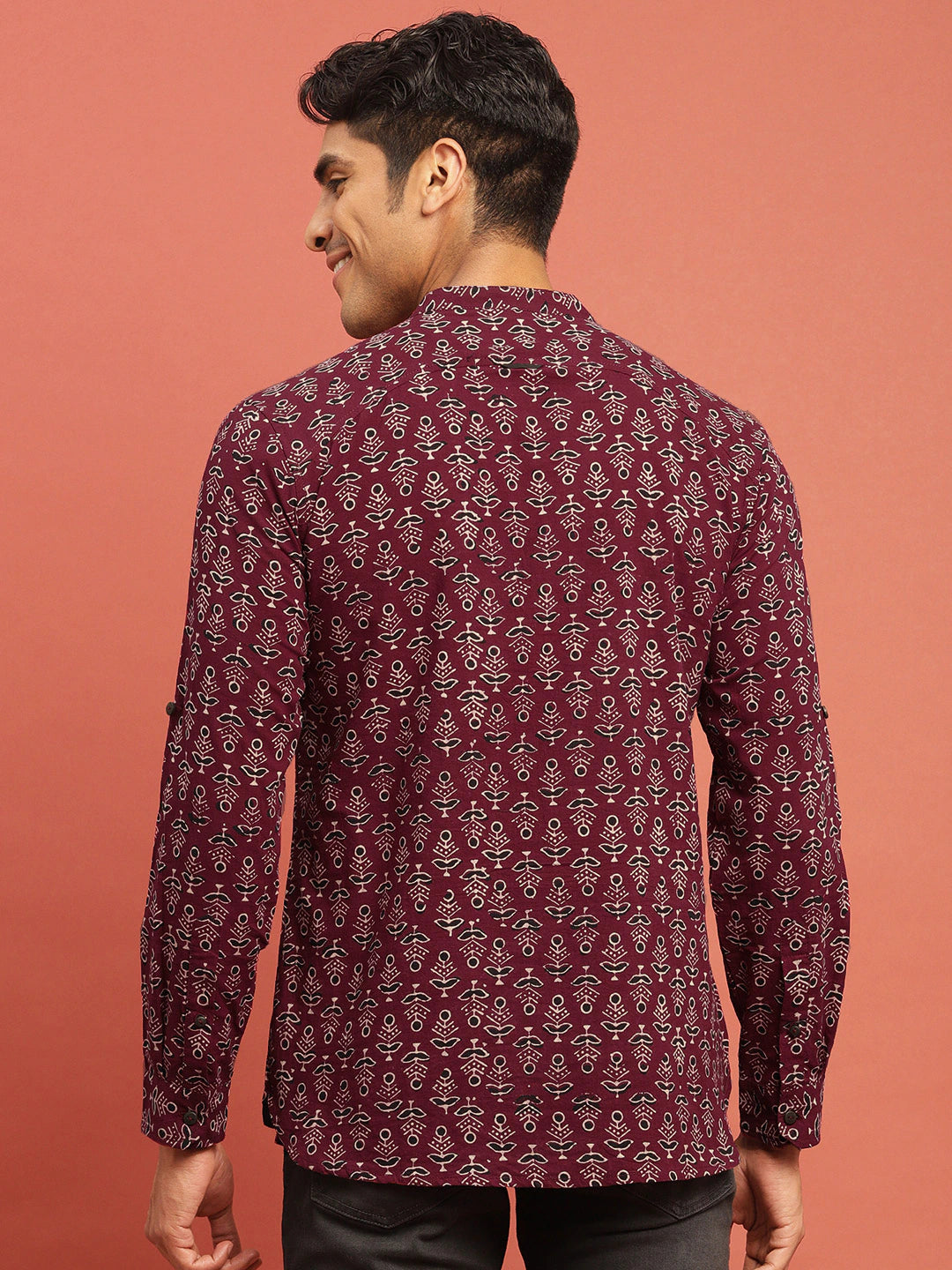 Red small print straight men kurta