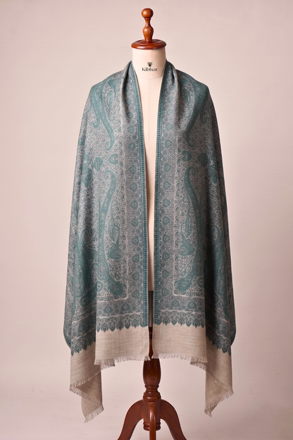 Buta Paisley Jamawar Weaved Pashmina Stole- Teal