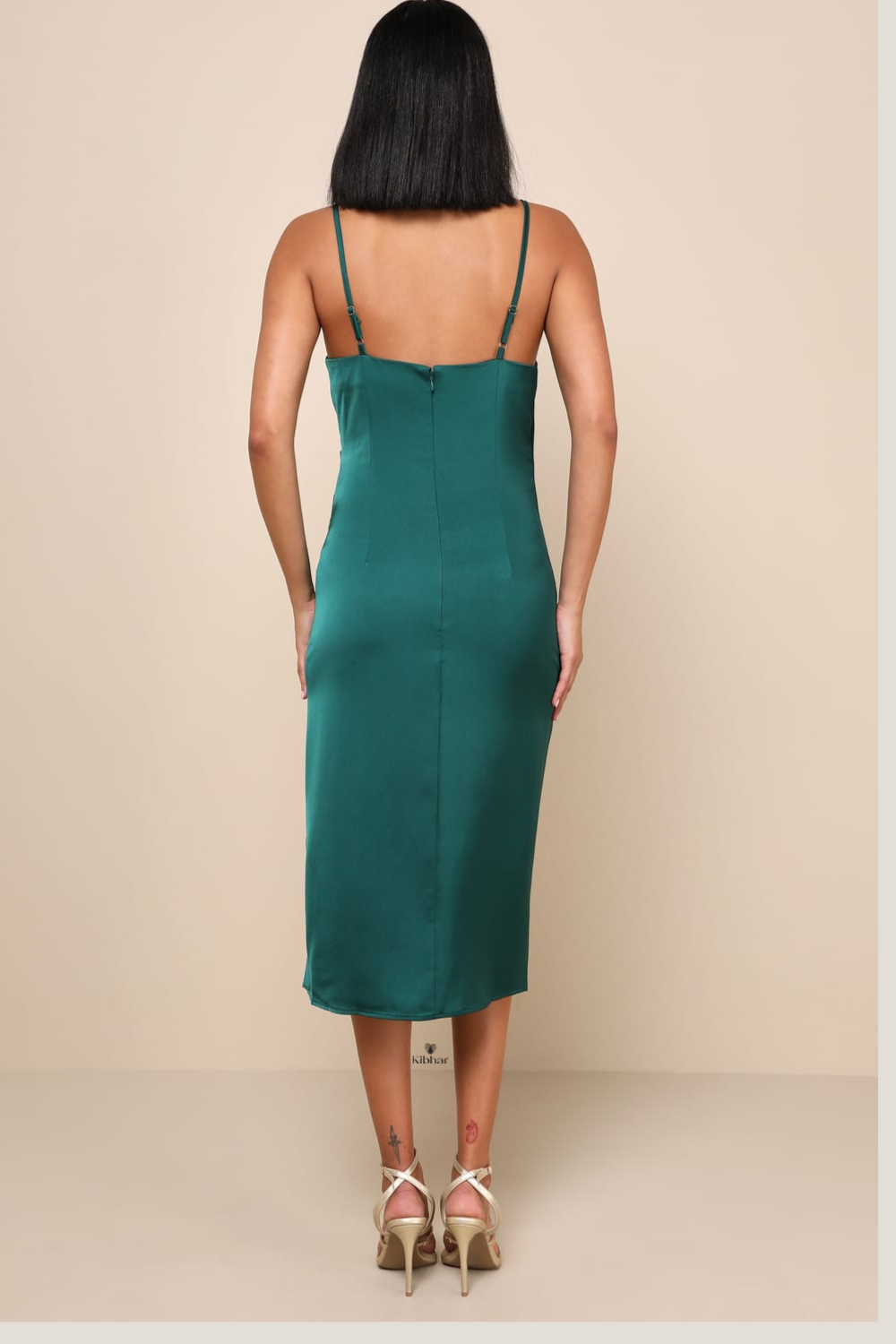 Vilasati-  Forest Green Satin Midi Dress