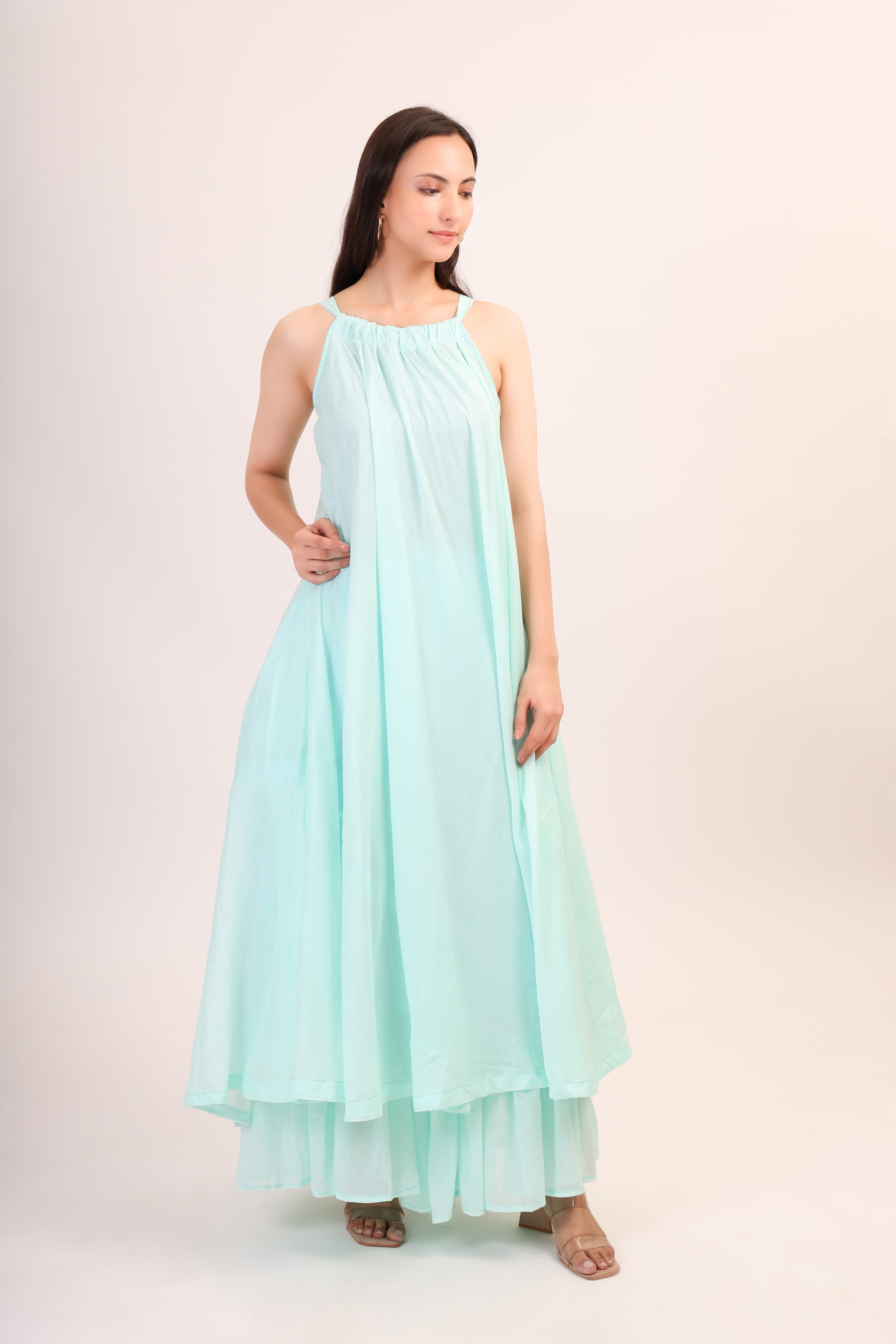 Mul Cotton Halter Neck Anarkali - pastel blue