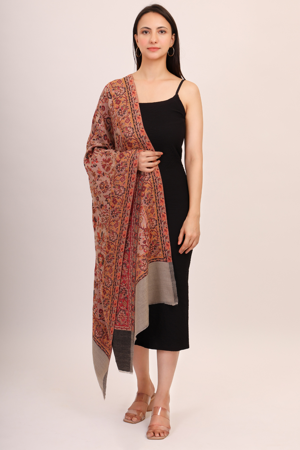 Floral Weave Pashmina Fine Wool Stole-Grey