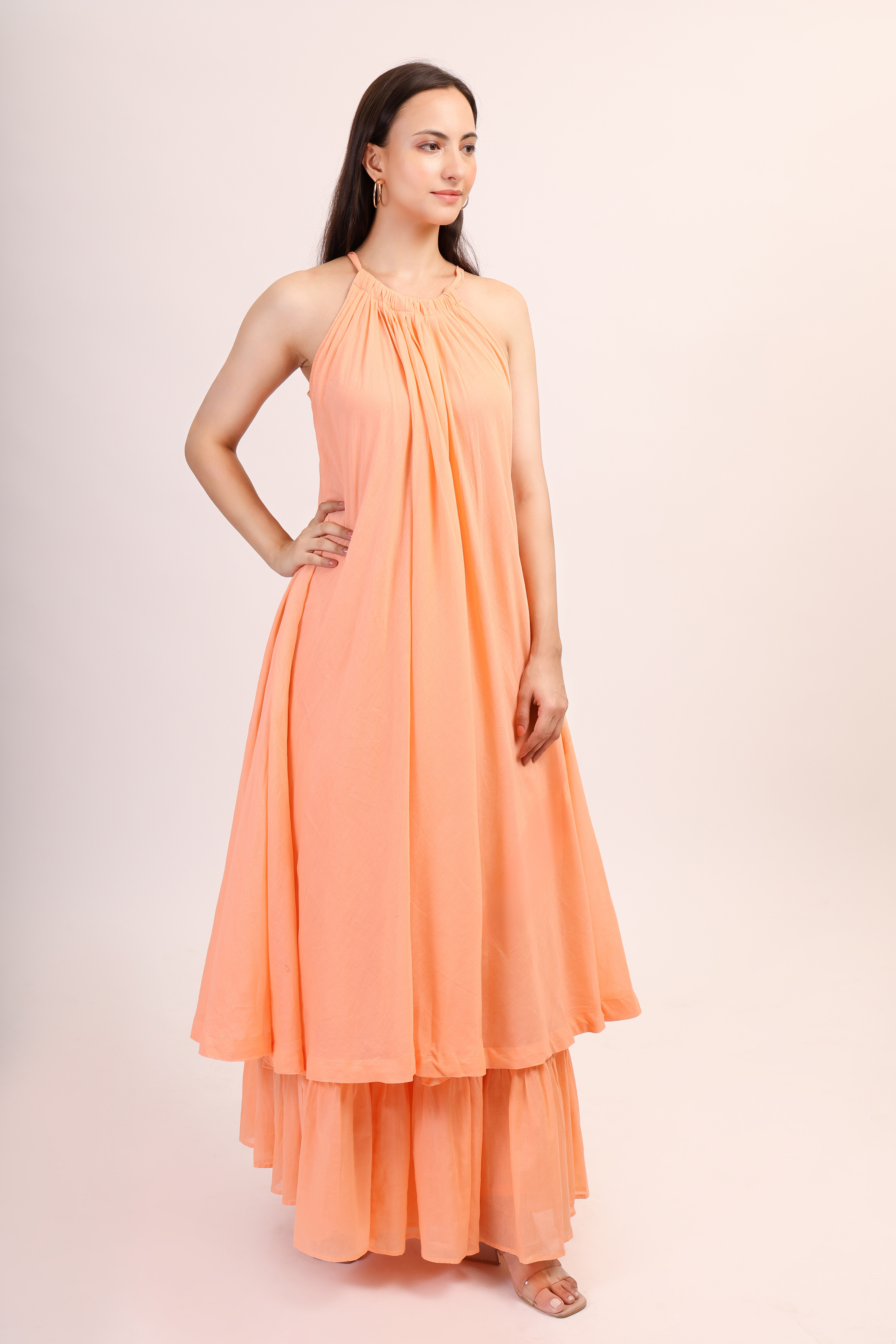 Mul Cotton Halter Neck Anarkali - peach