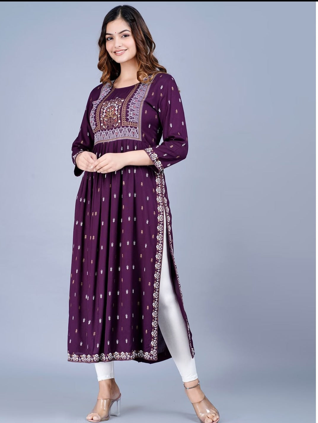 Purple nayra cut printed kurti