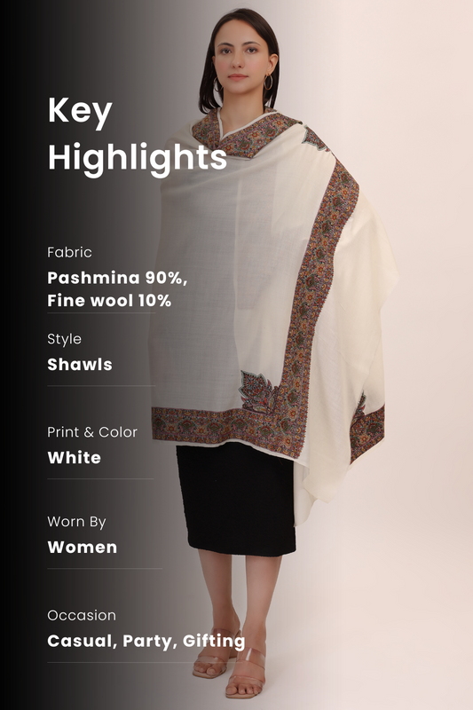 Rich embroidered Pashmina shawl-white