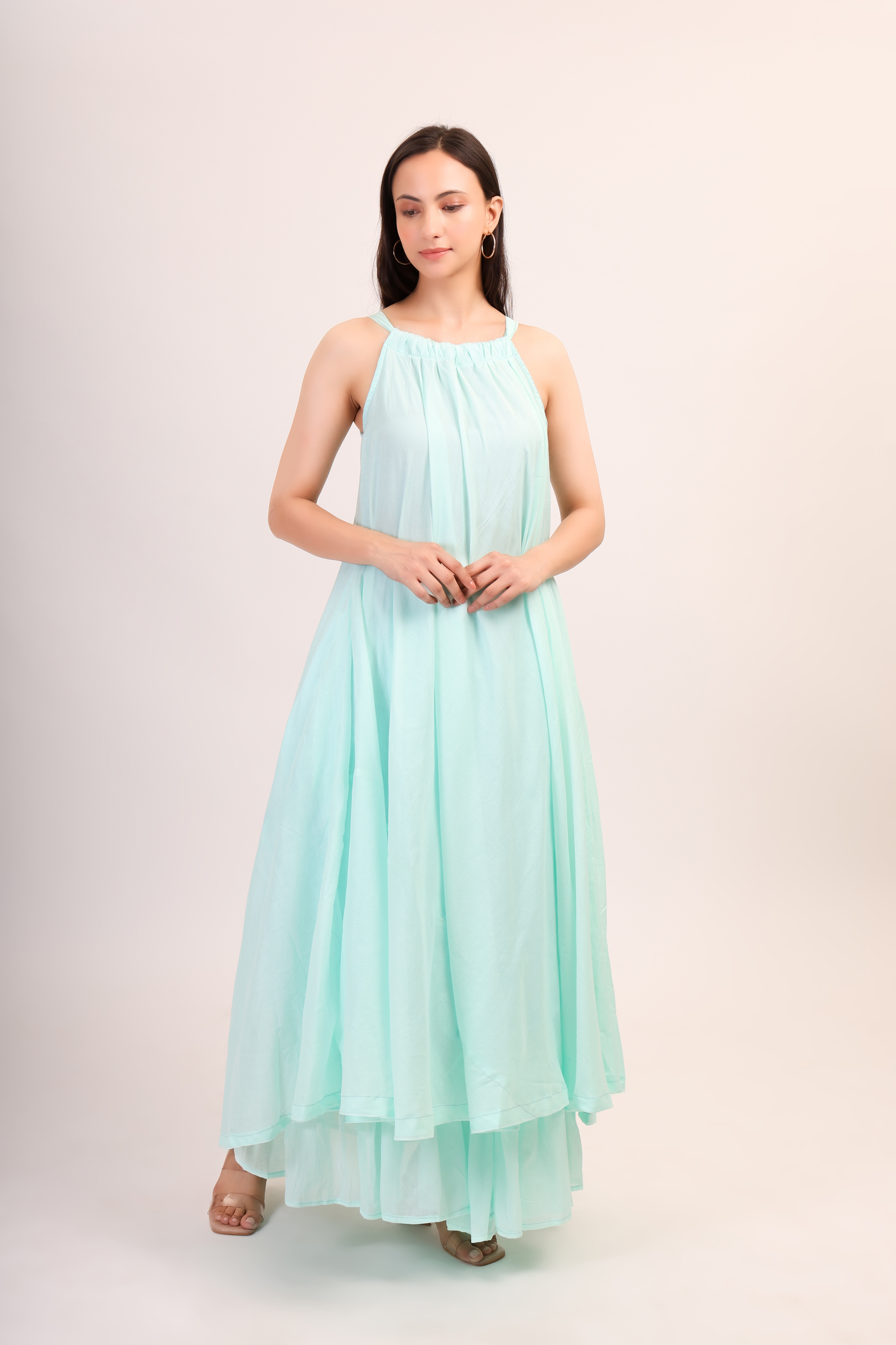 Mul Cotton Halter Neck Anarkali - pastel blue